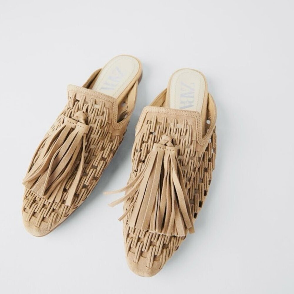 NWT  Zara Women Flat braided leather mules with tassels, Sz 36